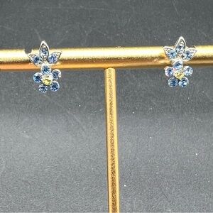 Blue Rhinestone Flower Stud Earrings Dainty Floral Silver Tone Minimalist